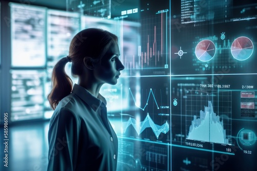 Young woman in business on the background of analytical infographics. AI generated, human enhanced