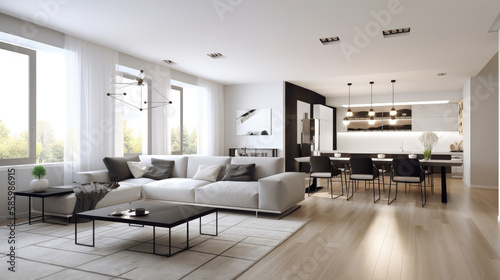 Modern interior design of apartment, living room with sofa, dining room and hall, Generative AI design