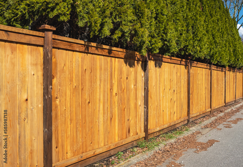 Nice new wooden fence around house. Wooden fence with green lawn. Street photo Nice new wooden fence around house. Wooden fence with green lawn. Street photo