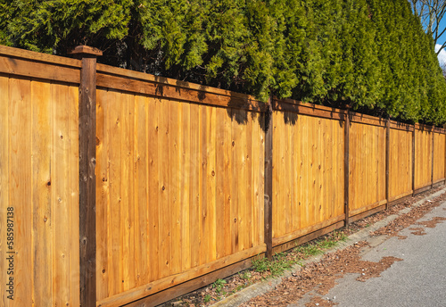 Nice new wooden fence around house. Wooden fence with green lawn. Street photo