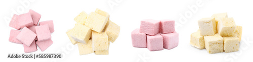 Collage with tasty different marshmallows on white background, top and side views