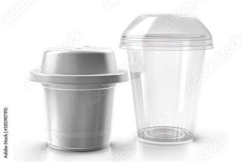 Illustration of two plastic cups with lids, one in blue and one in green, isolated on a white background created with Generative AI technology