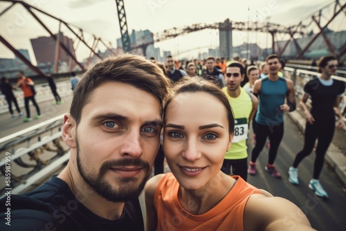 female and male couple marathon runners are taking a selfie while running through a crowd of other runners, with the city skyline in the background , wide angle view. Generative AI