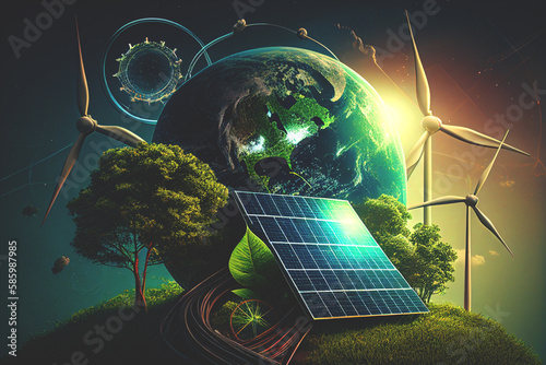 Solar panel and Wind Turbine concept. Solar energy from solar panels. Photovoltaic, alternative source of Solar electricity. Renewable energy, green energy, wind turbines, Ai Generative illustration.