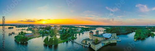 Sunset panorama of Olavinlinna castle in Savonlinna, Finland
