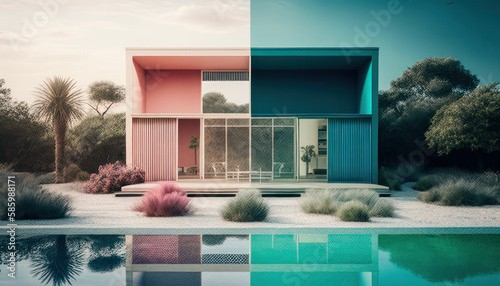 The modern house in the beach by day. Generative AI © Fernando