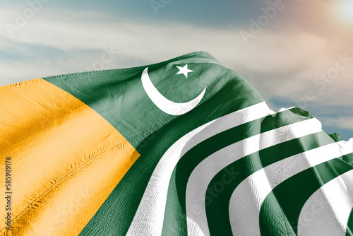 kashmir national flag cloth fabric waving on beautiful grey sky.