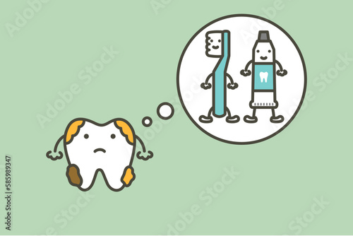 dirty tooth with dental plaque thinking of toothbrush and toothpaste - teeth cartoon vector flat style
