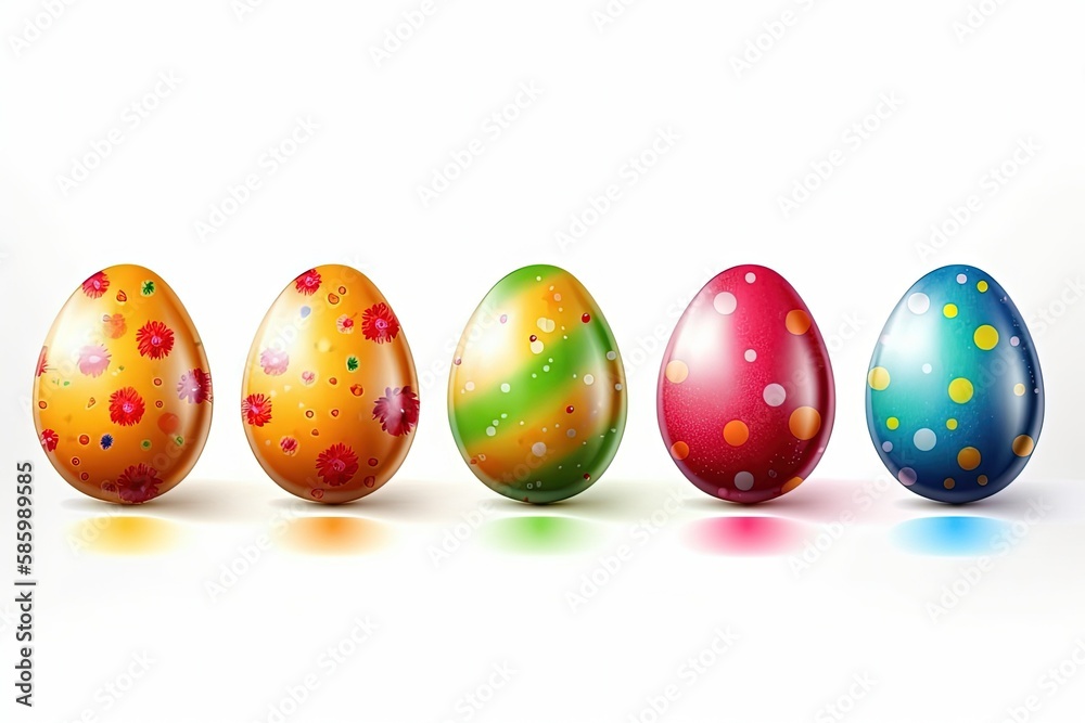 colorful row of Easter eggs on a plain white background created with Generative AI technology