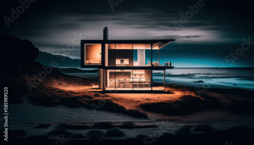 The modern house in the beach at night. Generative AI. 