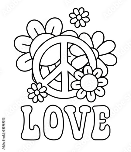 Vector retro groovy outline poster with flowers peace sign and love lettering isolated on white background