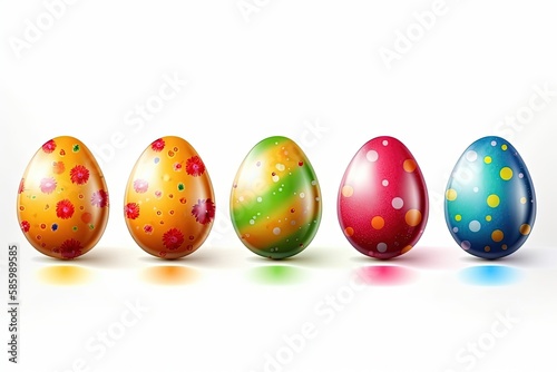 colorful row of Easter eggs on a plain white background created with Generative AI technology