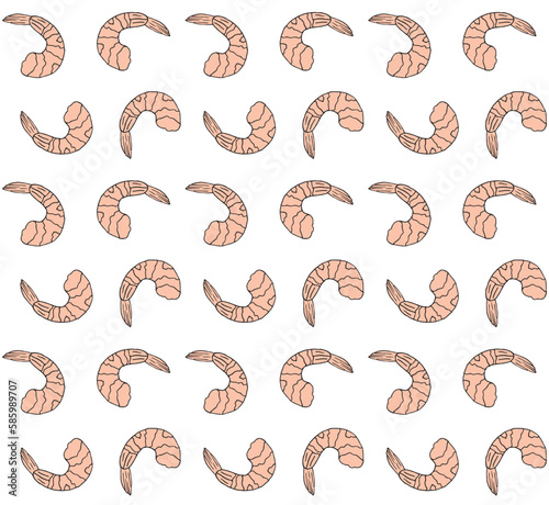 Vector seamless pattern of hand drawn doodle sketch colored shrimp isolated on white background