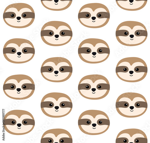 Vector seamless pattern of flat hand drawn sloth face isolated on white background
