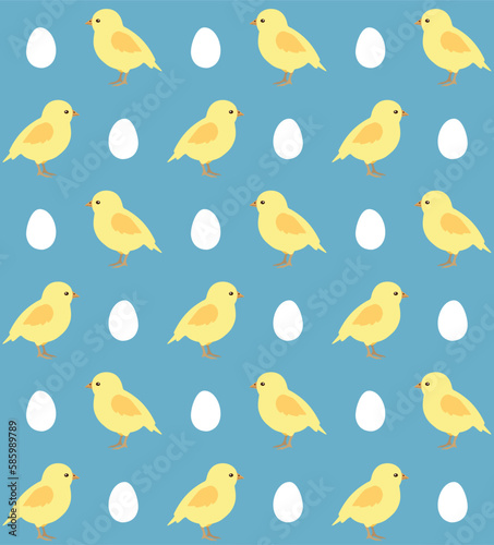 Vector seamless pattern of flat hand drawn chick and egg isolated on blue background