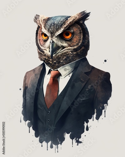 A man wearing a suit with Owl instead of his own head, white shirt, and a Red tie, illustration, solid white background, Created using generative AI.