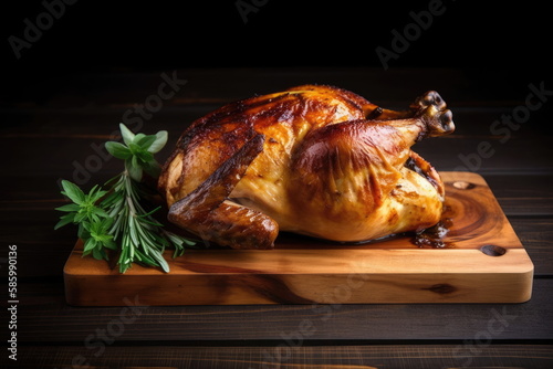 chicken, roast grilled on wood background