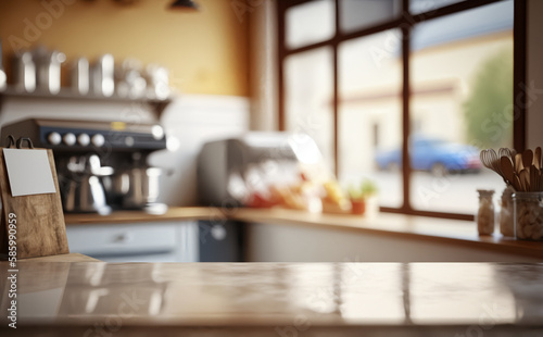 Wooden Table Top on Blurred Kitchen Room. Tabletop on blurred kitchen counter room background. Generative Ai.