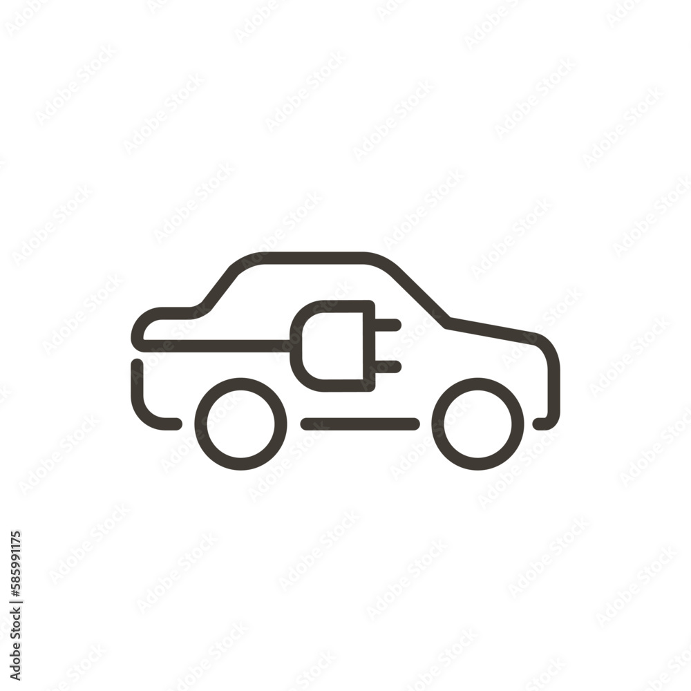 Electric car vector thin line icon. Outline illustration of electrical sustainable ecologic automobile with cable and plug charging symbol. Eco friendly