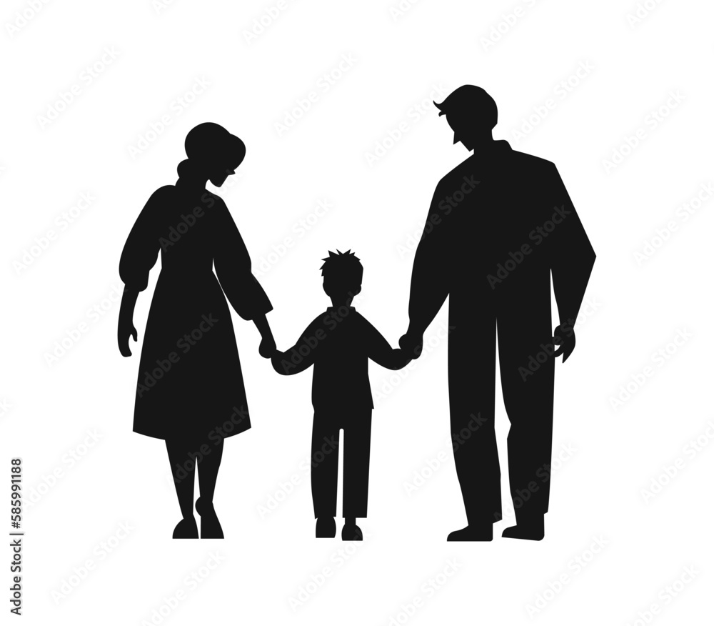 Father and mother figure holding hands with child. Mom with dad and son. Vector illustration for concepts of family.