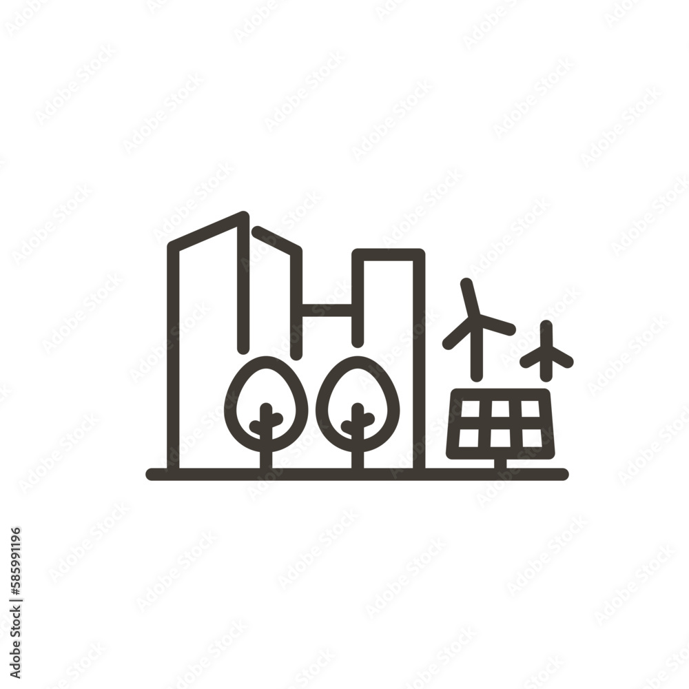 Vector thin line icon with city skyline, wind turbines, solar panel, sun, clouds and trees. Minimal outline illustration for concepts of renewable energies, environmentaly friendly future Vector thin line icon with city skyline, wind turbines, solar panel, sun, clouds and trees. Minimal outline illustration for concepts of renewable energies, environmentaly friendly future