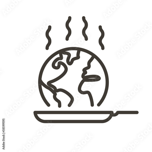 Vector thin line icon outline linear stroke illustration of a globe beeing cooked in a frying pan. Global warming concept
