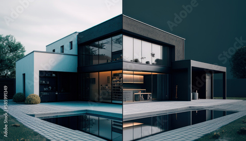 Modern house design sketch by day and night. Generative AI