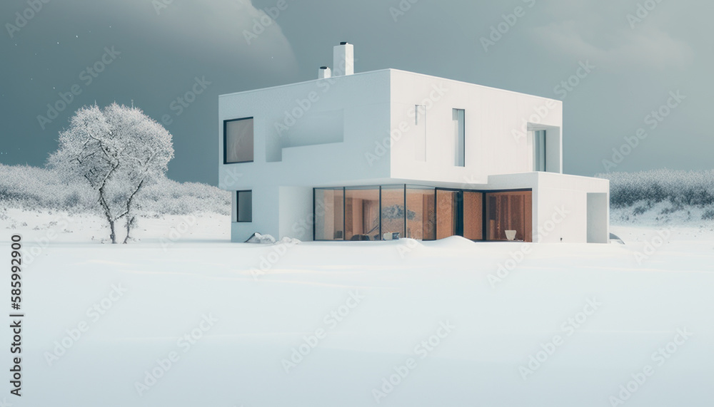 Modern house on a snowy by day. Generative AI