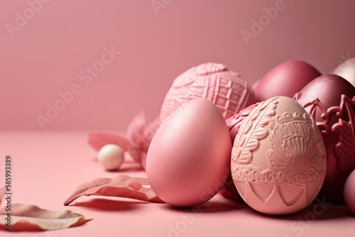 group of pastel-colored eggs on a soft pink background created with Generative AI technology