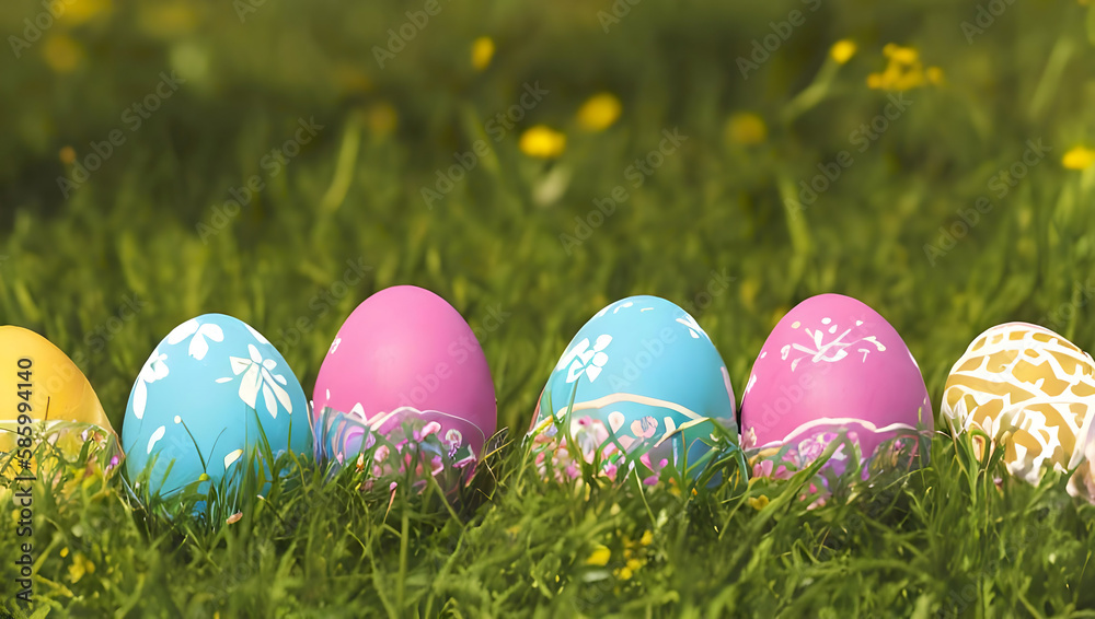 Colored Easter Eggs lying on green grass