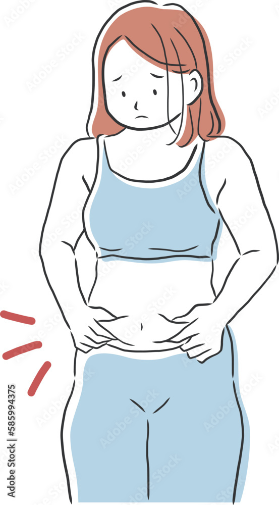 お腹のぜい肉が気になる女性のイラスト素材 お腹のぜい肉が気になる女性のイラスト素材