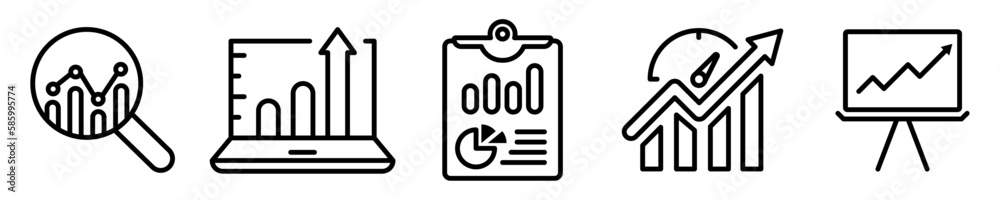 Conjunto de iconos de estadística y resultado. Análisis de datos, presentación, crecimiento económico, ventas. Concepto de negocios. Ilustración vectorial
