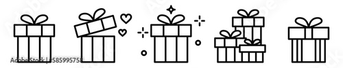 Conjunto de iconos de regalo. Caja de regalo, abierta, cerrada. Concepto de fiesta y celebración. Ilustración vectorial
