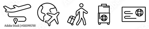 Conjunto de iconos de viaje. Concepto de vacaciones y turismo. Boleto, equipaje, vuelo aéreo. Ilustración vectorial