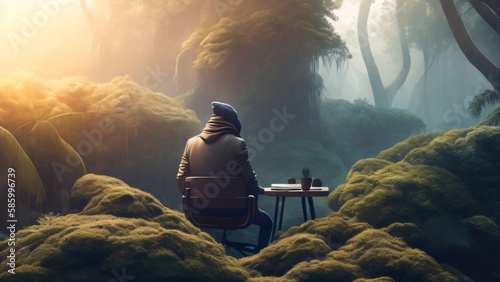 Homem solitário no meio da floresta