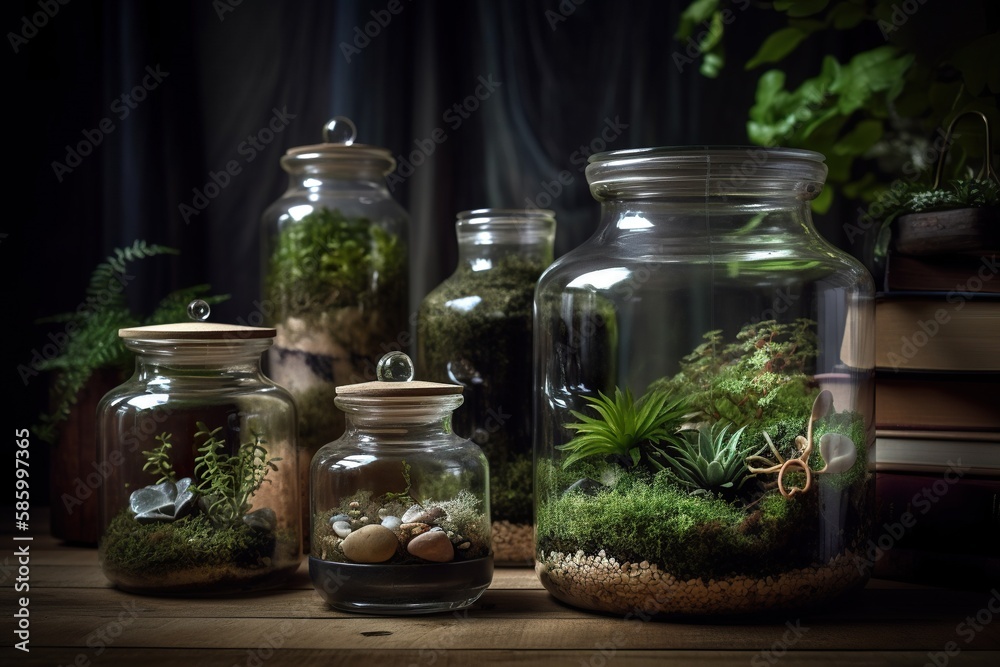 Mossariums, lush green plants in glass jars, glass container with soil, moss and small plants. AI generative