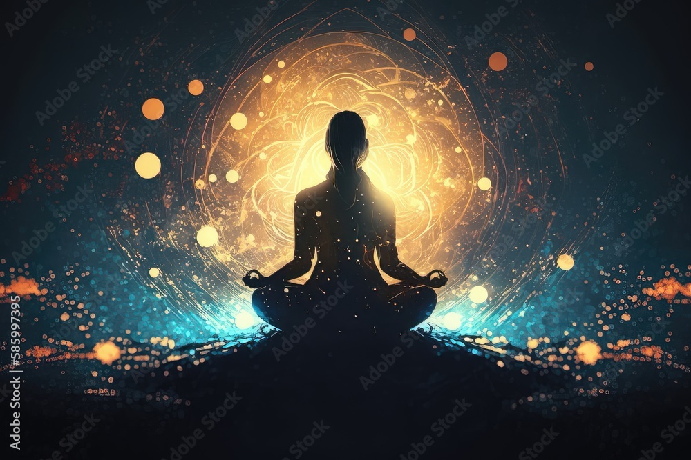 Silhoutte of a Girl or Woman in Lotus Position on an Abstract Positive Energy Background 4. Generative AI