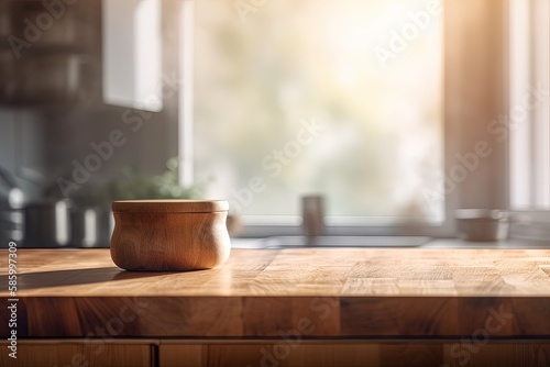 rustic wooden bowl resting on a wooden table created with Generative AI technology