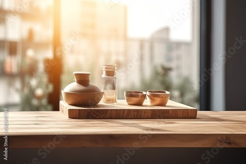 rustic wooden table decorated with bowls and a bottle created with Generative AI technology