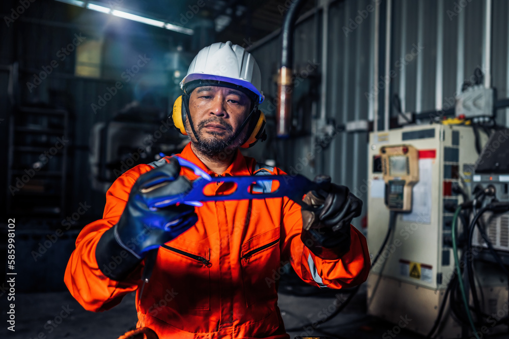 Fototapeta premium Asian factory worker working adept robotic arm in workshop . Industry robot programming software for automated manufacturing technology Checking quality of workpieces manufacturing industry technology