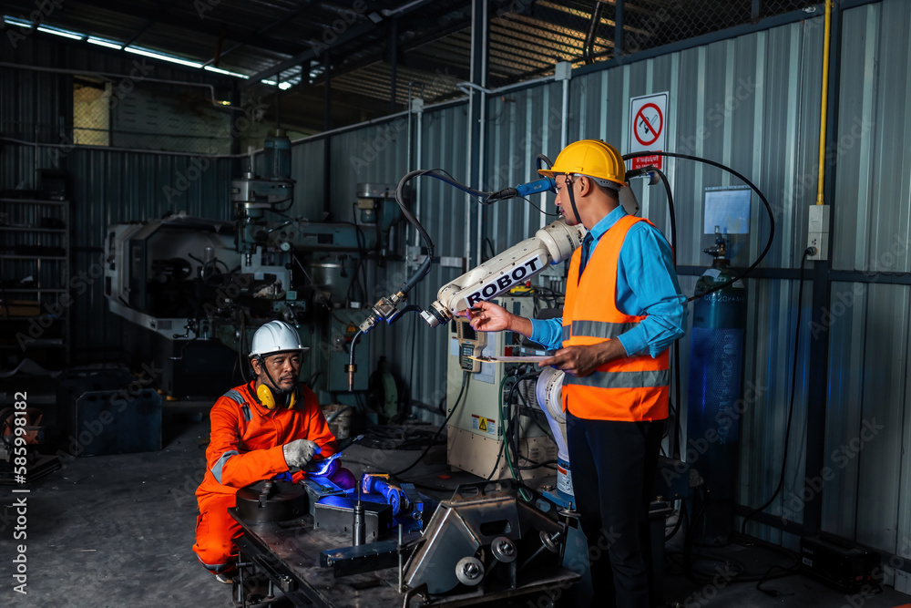Engineer team service robot welding working in automation factory. People worker in safety suit work robotic arm software programming or replacing part in automated manufacturing industry technology Engineer team service robot welding working in automation factory. People worker in safety suit work robotic arm software programming or replacing part in automated manufacturing industry technology