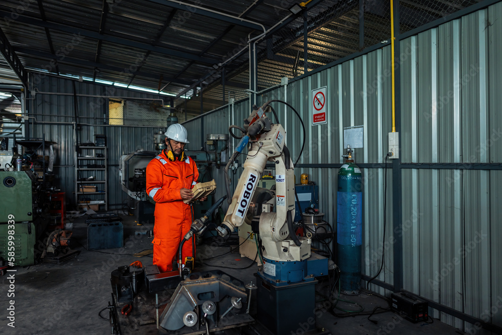 Male engineer holding robot controller for maintenance or repair automatic robotic machine in factory. Male technician worker working with control automatic robot arm system welding in the factory Male engineer holding robot controller for maintenance or repair automatic robotic machine in factory. Male technician worker working with control automatic robot arm system welding in the factory