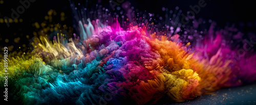 Soft fibers exploding. Colorful Cotton fiber like material expanding rapidly. Shallow depth of field. Colorful eye catching abstract background. Wide format. Generative AI.