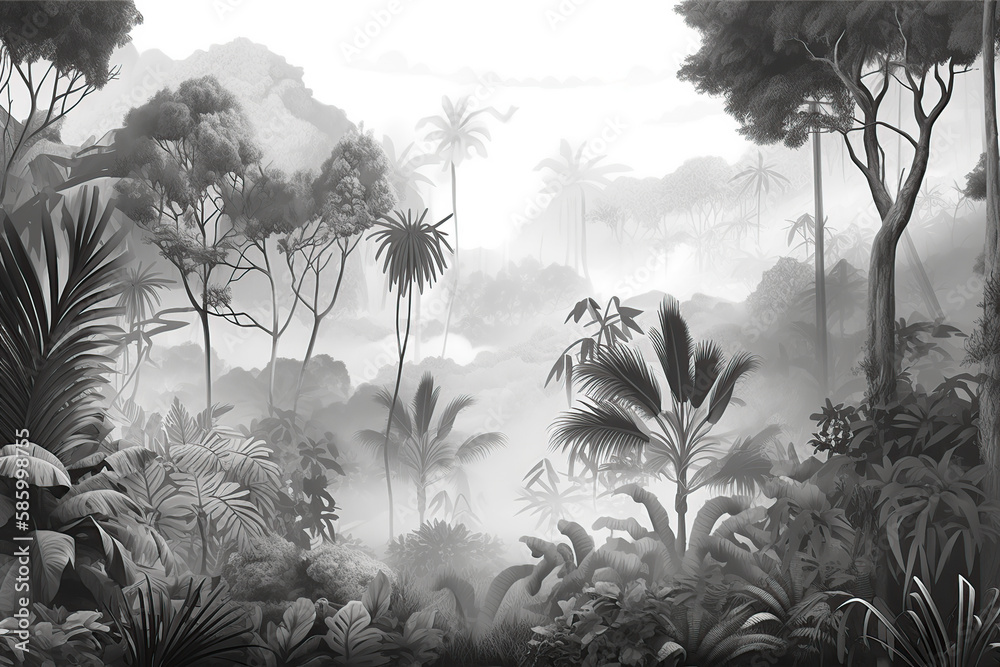Horizontal wallpaper designed tropical forest and leaves in foggy environment black and white. Generative AI illustrations.	
 - obrazy, fototapety, plakaty 