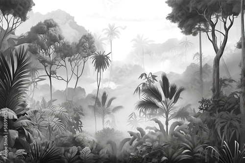 Horizontal wallpaper designed tropical forest and leaves in foggy environment black and white. Generative AI illustrations.	
