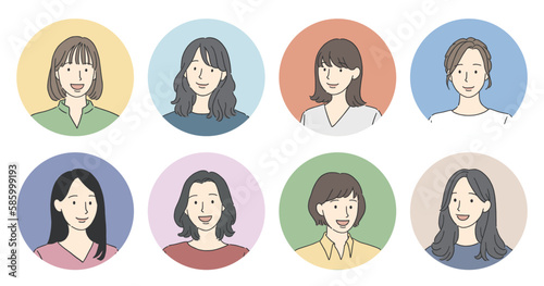 色々な女性の笑顔のアイコンセット