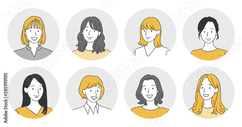 Vászonkép 色々な女性の笑顔の丸アイコンセット