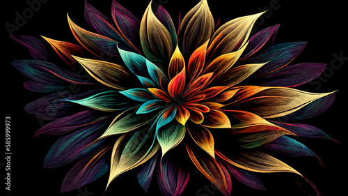 Abstract multi-colored flower design with black background