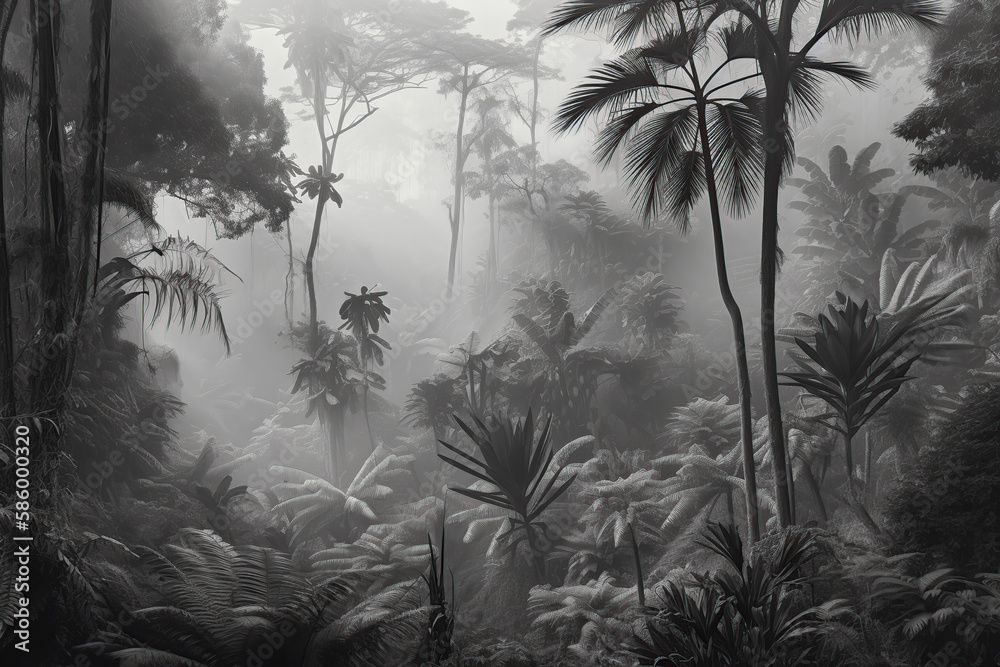 custom made wallpaper toronto digitalWallpaper designed tropical forest and leaves in foggy environment black and white. Generative AI illustrations.	
