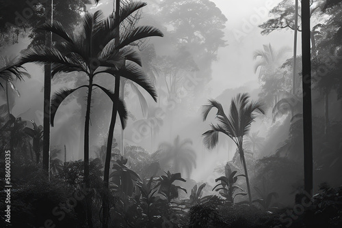 Background designed tropical forest and leaves in a foggy environment black and white. Generative AI illustrations.  